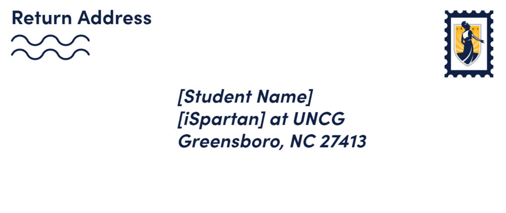 Example envelope with correct addressing information for sending mail to UNCG students.